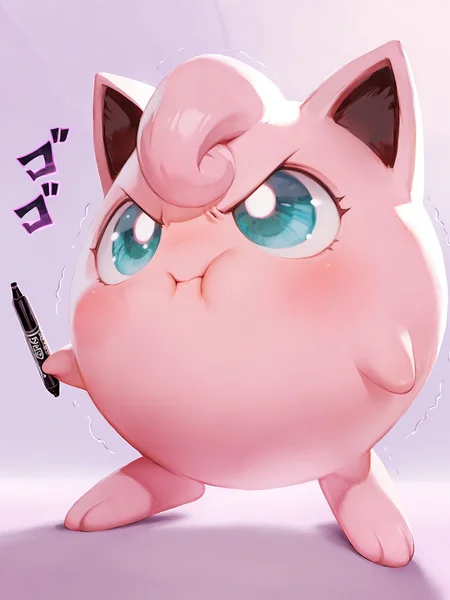 (masterpiece, best quality, very aesthetic, absurdres, highres:1.2), incredible lighting, (jigglypuff, pokemon, round body, puffed cheeks, holding marker, angry:1.2), dynamic pose, glowing red eyes, menacing stare, jojo pose, rumbling sound fx, <lora:illustriousXL_stabilizer_v1.7:1>, iconic scene, cinematic, cowboy shot, <lora:NOOB_vp1_detailer_by_volnovik_v1:1>, painterly style, <lora:anmiXLillokrV53P1:0.4>, <lora:reikolokr_for_illustrious:0.4>, <lora:10_AESTX:0.4> aestx, brushstroke \(medium\), low angle