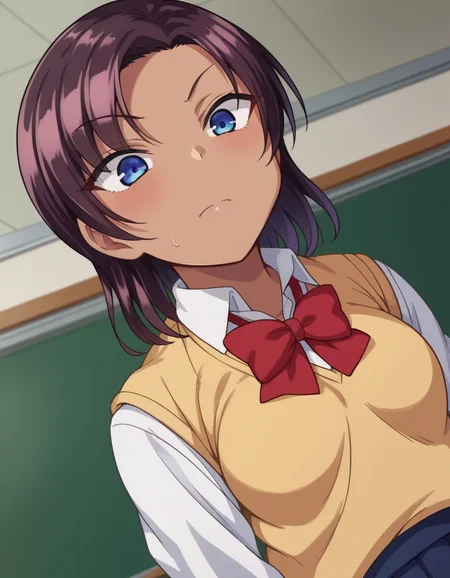 score_9, score_8_up, score_7_up, source_anime,
saehinata, <lora:sae-hinata-ponyxl-lora-nochekaiser:1>
sae hinata, blue eyes, purple hair, dark skin, dark-skinned female,
shirt, bow, school uniform, white shirt, collared shirt, bowtie, red bow, sweater vest, brown sweater, skirt, blue skirt,
indoors, classroom,
looking at viewer, dutch angle, cowboy shot,