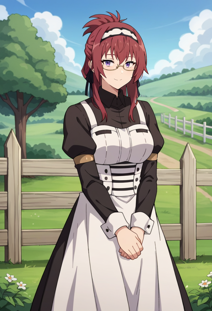 score_4, score_5, score_6, score_9, score_8_up, score_7_up, source_anime,
<lora:MushokuTensei_LiliaGreyratXL:0.8>, LiliaGreyrat,
1girl, closed mouth, light smile,
red hair, folded ponytail, purple eyes, semi-rimless eyewear, hair ribbon, hairband,
maid, dress, juliet sleeves, 
standing, looking at viewer, own hands together,
outdoors, medieval, scenery, fence, grass, tree, painted background