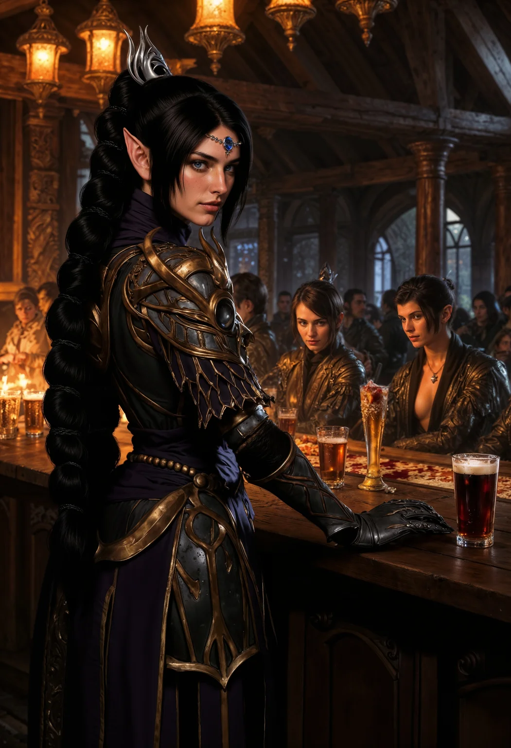 ShadowDJ, Image is a digital painting depicting a medieval-style tavern interior. The layout features a warm, dimly lit atmosphere with wooden beams and rustic decor. The subject is an elven woman with long black hair styled in a braid, fair skin, pointed ears, and striking facial features, including high cheekbones and a confident expression. She is wearing a ornate, dark armor with intricate silver and gold detailing. The bar is lined with various drinks, including a prominently placed mug of beer. In the background, patrons are seated at tables, engaged in conversation, adding to the lively ambiance. The lighting is soft, with a golden hue emanating from hanging lanterns, enhancing the cozy and inviting setting.
<lora:FluxMythP0rtr4itStyle:0.6> <lora:flux.1_lora_flyway_Epic-Characters_v1:0.6> <lora:Elden_Ring_-_Yoshitaka_Amano:0.33> <lora:FluxShadowDJV1:1>