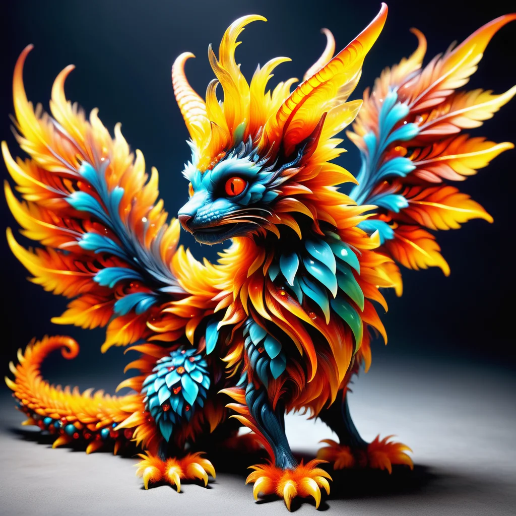 hyper detailed masterpiece, dynamic, awesome quality,DonMF1r3XL firey tiny exotic networked whimsical fractal creature, clawed appendages, tufted-tailed, fuzzy fur, pointed ears, crystal wings, <lora:DonMF1r3XL-000006:0.85>