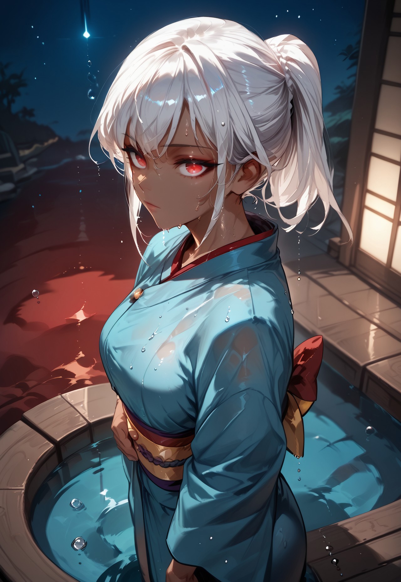 score_9, score_8_up, score_7_up, 1girl, kimono, wet, water drop, partially submerged, night, looking at viewer, particles, reflection, sky, dark-skinned female, white hair, (multicolored eyes), (((Red ocean, blue ocean))), red eye, blue eye, standing, cowboy shot, from above, dynamic view, pose, from side