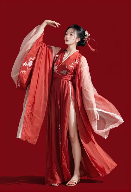 red background,full body,,ruanyi0750,hanfu,wide sleeves,red dress,see-through,dancing,<lora:0750 Large sleeve shirt Hanfu_v1_pony:0.8>, score_9,score_8_up,score_7_up,,8k,1girl,solo,