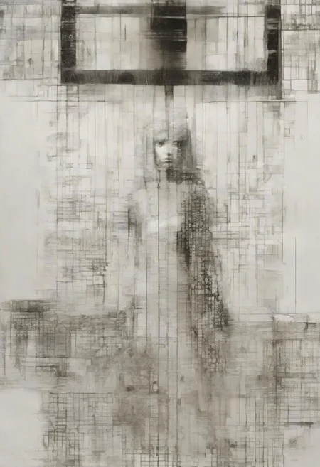 Monochrome black and white, Giger, Beksinski, Zawadzky, Dali, Magritte, Delvaux, Bellmer, Malevitch, Rodchenko, Mondrian, Kandinsky, Popovna, psychedelic hallucination, pop surrealism, rough crosshatch drawing pop art Lunatic_Portrait of a young woman in latex Avant-garde Fashion page, slick back, low bun, black makeup, sinister expression, intense glare, avant-garde, abstract, weird, geometric, constructivism, suprematism, rayonism, verticism, lineism, tj