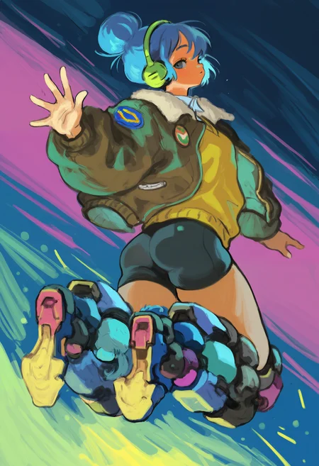 amazing quality, newest, absurdres, realistic lighting, 1girl, solo, blue hair, hair bun, headphones, mechanical legs, jumping, back view, looking back, sweater vest, bomber jacket, bike shorts, dynamic pose, <lora:naohito-IL>