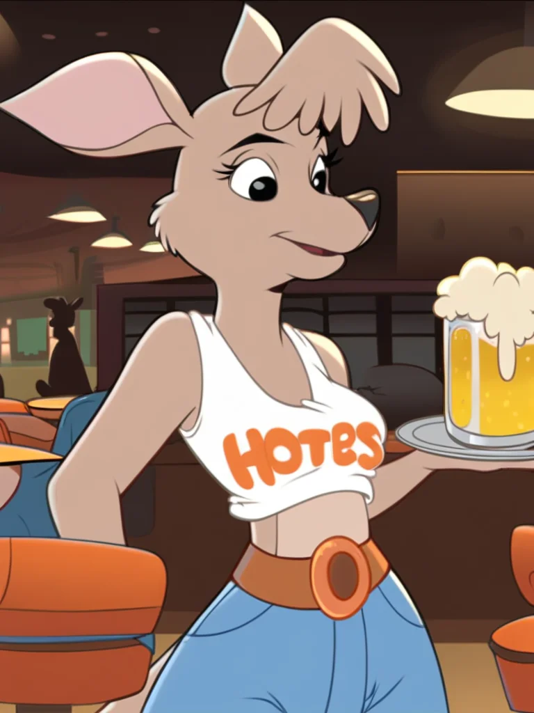 score_9, score_8_up, score_7_up, score_6_up, score_5_up, score_4_up, source_furry, Matilda_Roo, 1girl, solo, tail, white crop top, midriff, denim shorts, holding tray, mug, beer, table, chairs, crowd, hooters, hooters restaurant, belt, park, tree, detailed eyes, detailed face, <lora:matilda_roo-v1:1>