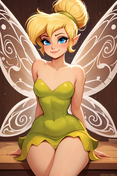 score_9, score_8_up, score_8, medium breasts, (curvy), cute, eyelashes, BREAK, , BREAK, TinkerWaifu, fairy wings, blonde hair, blue eyes, green dress, sexy, hair bun,, <lora:tinkerbellPonyXL_character:0.8>,, <lora:Afrobull_PDXL_v4:0.8>, , BREAK, smile, looking at viewer, closed mouth, cowboy shot, embedding:zPDXL, Expressiveh, <lora:SDXLFaeTastic2400:0.5>, <lora:Expressive_H-000001:0.4>,