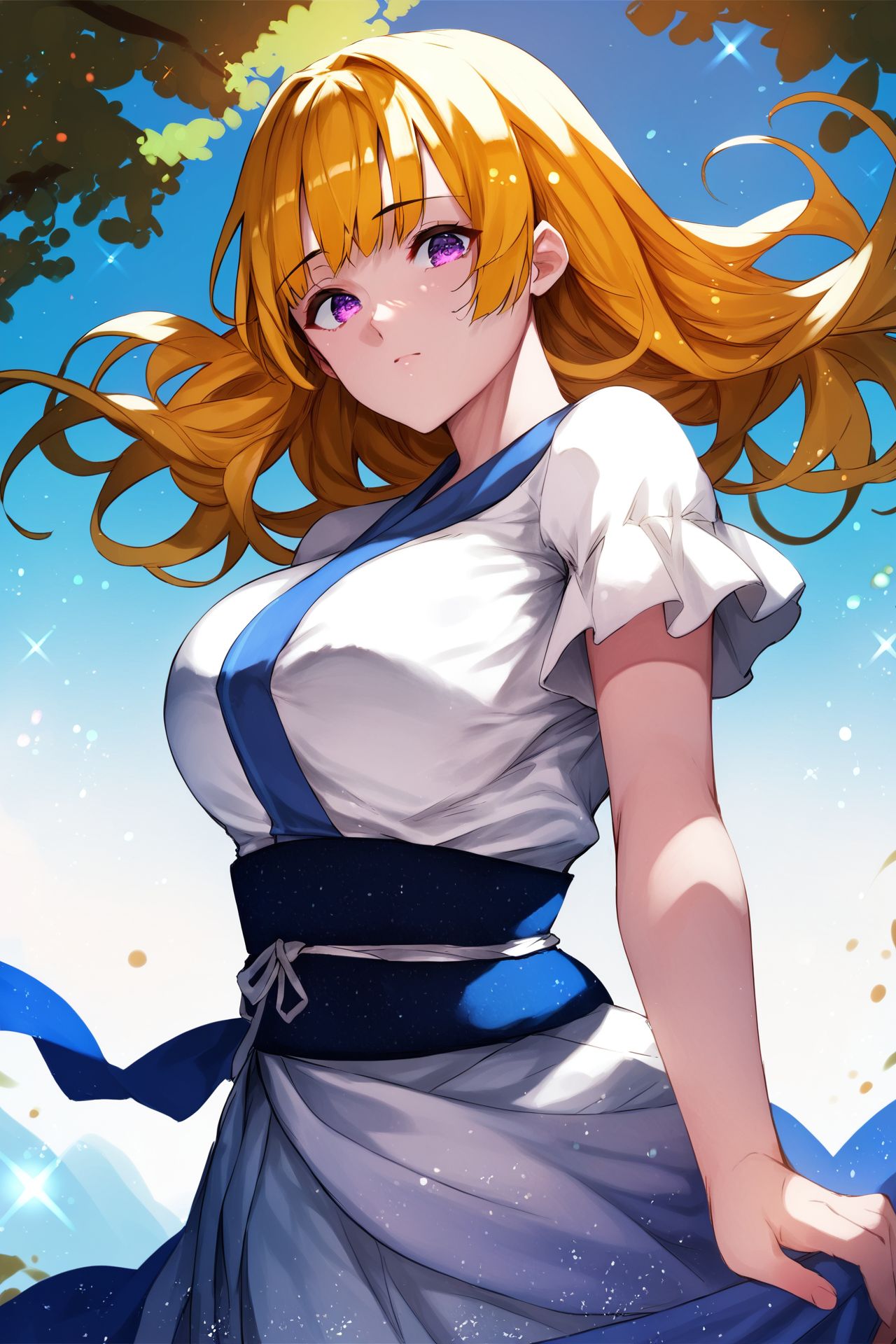score_9, score_8_up, score_7_up, 1girl, looking at viewer, dizzy, golden hair, long_bangs, purple eyes, large breasts, dark_blue sash, outdoors,  glitter particles <lora:W(56667690)_PonyXL_style_v01:1>