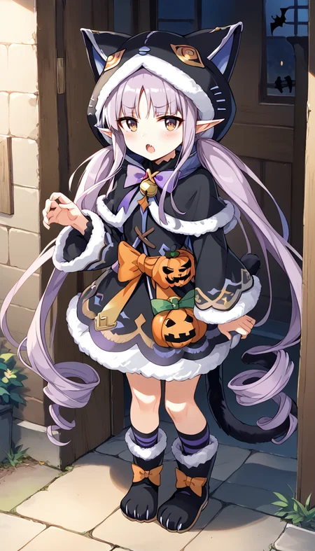 score_9,score_8_up,score_7_up,
official art,official style,game cg,megami magazine,
kyouka halloween,kyouka (halloween) (princess connect!),
animal ears,animal hood,bell,black capelet,black dress,
black footwear,black jacket,black skirt,blush,boots,bow,bowtie,brown eyes,capelet,cat ears,
cat hood,cat tail,dress,elf,fake animal ears,fur trim,fur-trimmed capelet,fur-trimmed dress,
fur-trimmed hood,fur-trimmed skirt,fur-trimmed sleeves,halloween,halloween costume,hood,hood up,
hooded capelet,kneehighs,kyoka (princess connect!),kyouka (halloween) (princess connect!),kyouka (princess connect!),
long hair,long sleeves,low twintails,open mouth,orange bow,paw shoes,pointy ears,purple bow,purple hair,
skirt,striped socks,tail,tail bow,tail ornament,twintails,very long hair,wide sleeves,yellow eyes,
1girl,solo,
standing,full body,
<lora:princess_connect_kyouka_pony_v1:1>,