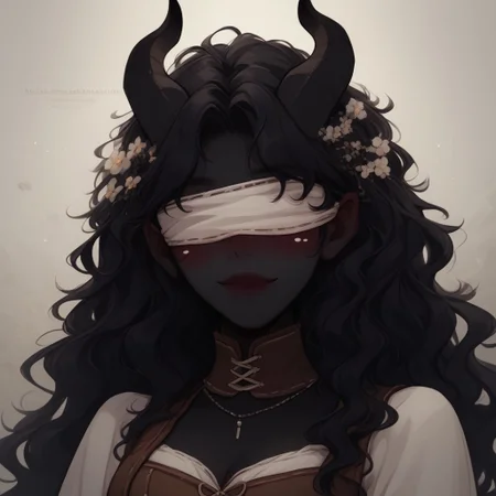 Score_9, Score_8_up, Score_7_up, (masterpiece), best quality, blindfolded, perfect face, perfect anatomy, Tiefling, pointed ears, horns, colored sclera, tail, black skin, anime girl, slim, black hair, wavy hair, median hair length, white flowy dress, brown corset that highlights her small waist, hippie aura, cleavage, romantic perspective, smiling, nervous, blushing, beautiful perspective.