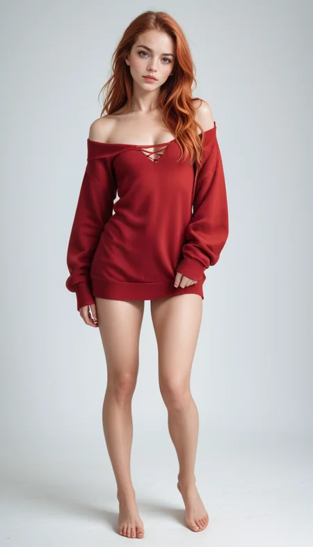 score_9, score_8_up, score_7_up, (Full body photo), girl, red sweater falling off her shoulder, cleavage, extremely sexy, long ginger hair, floating hair, luscious lips, barefoot, (small breasts, big hips, looking at the viewer), (simple background, white background), (depth of field), (dynamic angle), (fine textures details), (realistic:1.4), (realistic skin:1.4), (sharp), (artistic photo), (analog film grain)