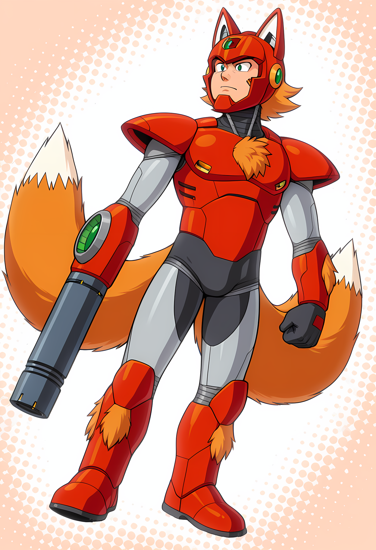 masterpiece, best quality, amazing quality, dutch angle, abstract background, BREAK
robotmaster, red armor, android, BREAK
1boy, solo, male focus, elphkun, fox ears, helmet, arm cannon, chest tuft, arm tufts, leg tufts, 2 tails, two tails, BREAK
<lora:cfg_scale_boost:.6>  <lora:Elph_Kitsuoka_-_ILXL:0.6> <lora:Robot_Master_-_Mega_Man_-_ILXL:1.0>