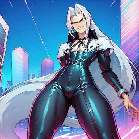 score_9, score_8_up, score_7_up, retrowave, vaporwave, Lofi, detailed closeup action shot, from below, exaggerated perspective emphasizing action, Sephiroth leaping through the air swinging very long sword, long billowing black leather overcoat, one black angel wing, smug expression, dynamic pose, in an industrial city at night, pitch black starry sky, solo, beautiful, androgynous, flat chest, leather straps, broad shouldered, high contrast, industrial cityscape background, Netflix, Studio Trigger, ff7