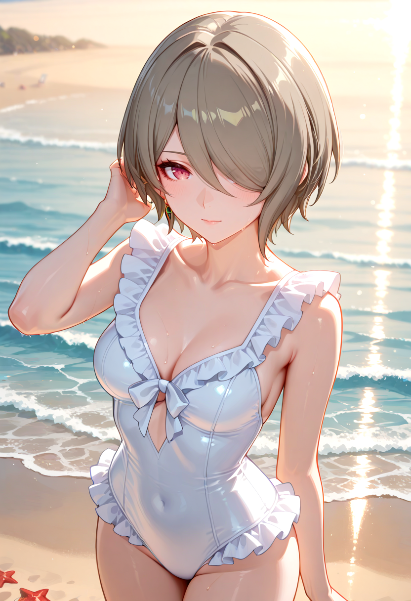 masterpiece, newest, absurdres, best quality, hires, 1girl, rita rossweisse, \(honkai impact\), small breast, outdoors, beach, frilled one piece swimsuit