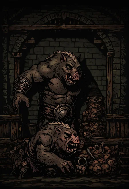 masterpiece, best quality, newest, absurdres, highres,
TTCSV1.0,
DDWarrens-BGV1.0, dark, scenery, indoors,
1boy,
DD-SwinemanV1.0, swine, pig, anthro, furry, furry male, muscular male,