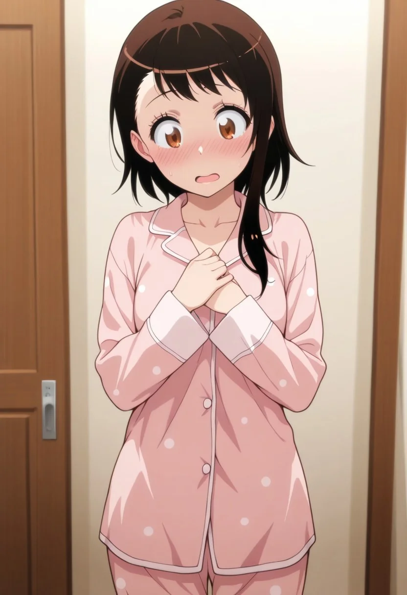 masterpiece,best quality,amazing quality, onodera kosaki, dark brown hair, brown eyes, short hair, 1girl, solo, blush, short hair with long locks, pajamas, open mouth