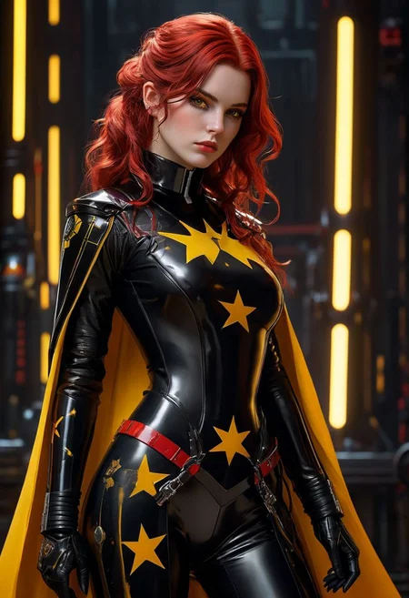 gothic girl, wearing black battle bodysuit, 
(star wars inquisitor, bdsm, collar cyberpunk Samurai jacket:1.7), (full body female, red yellow:1.4), (Large linen cape), (bdsm harness, tight firm breasts:1.2), (full body, shinny, wavy hair:1.2), 
(Masterpiece, intricate lines, surrounded by a detailed spacescape with translucent dark-amber,  intriguing atmosphere, sharp magnificent details, delicate features, elaborate details, dark dreams, whimsical charm, ethereal glow, freckles, tack sharp:1.3)