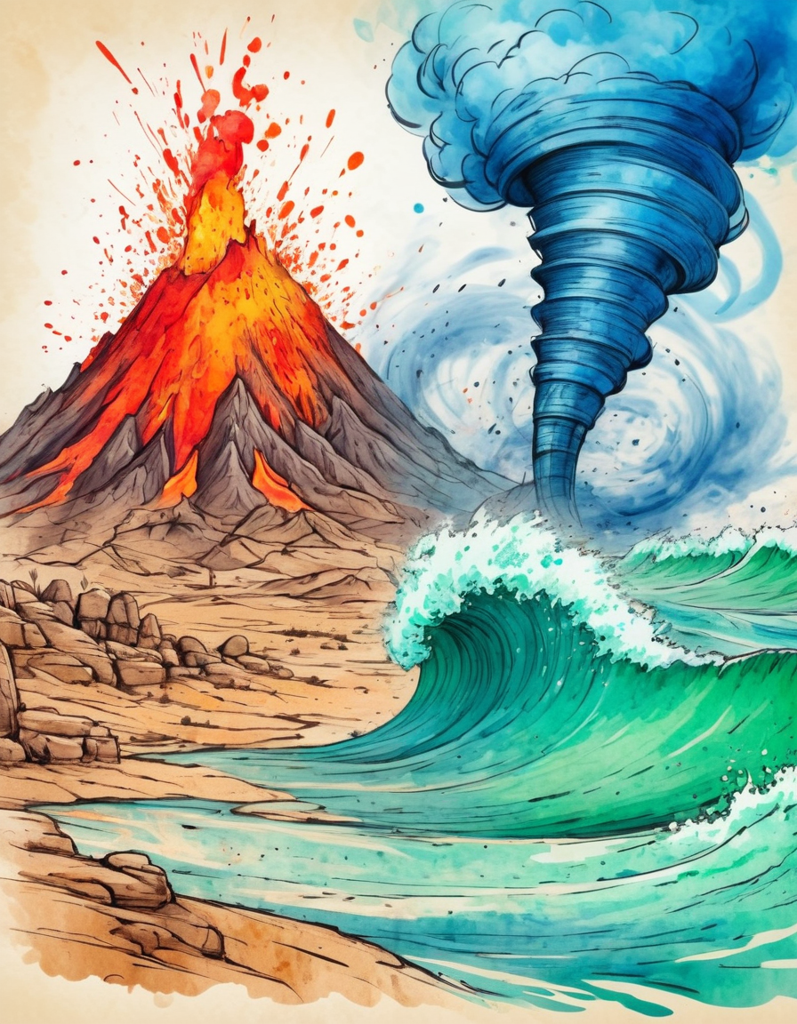 Ink illustration on parchment, vibrant ink colors blending seamlessly, Ink splashes, rough ink sketch BREAK 
volcano, fire, orange and red colors BREAK 
clouds, tornado, cyclone, whirlwind, blue colors BREAK 
rocky mountains on the desert, brown and tan colors BREAK 
tsunami waves on the ocean, green-blue colors
