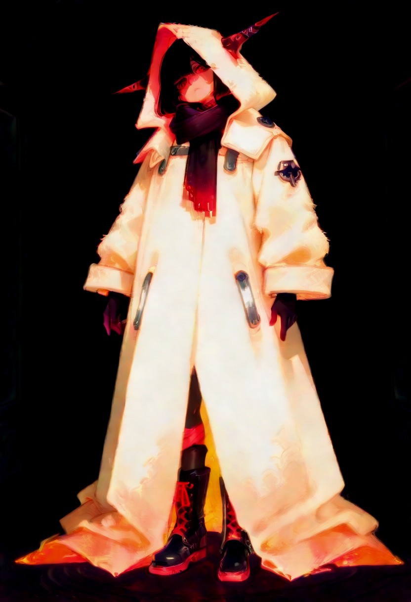 masterpiece, dark, full portrait, embed, 4k
female, age 18, standing, head tilt left, charge
Coat: A loose, baggy women's coat with a hood, in a deep violet or dark burgundy shade. The fabric has a soft but sturdy texture, giving it a slightly dramatic drape.
Scarf: A thick, dark scarf made of chunky, soft fiber (possibly wool or a similar material), wrapped over the coat to cover the neck for warmth and style.
Gloves: Half-finger gloves made of black fiber, slightly textured, giving a casual yet edgy feel.
Boots: Black gothic boots with chrome accents, such as metallic toecaps, buckles, or decorative studs. The boots are sturdy, slightly oversized, and lace-up to complement the overall look.
Silhouette: A slightly oversized and relaxed aesthetic, with baggy elements contributing to a cozy, mysterious vibe.
neon eyes