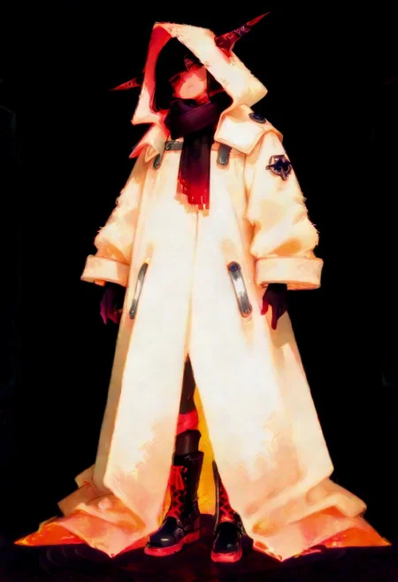 masterpiece, dark, full portrait, embed, 4k
female, age 18, standing, head tilt left, charge
Coat: A loose, baggy women's coat with a hood, in a deep violet or dark burgundy shade. The fabric has a soft but sturdy texture, giving it a slightly dramatic drape.
Scarf: A thick, dark scarf made of chunky, soft fiber (possibly wool or a similar material), wrapped over the coat to cover the neck for warmth and style.
Gloves: Half-finger gloves made of black fiber, slightly textured, giving a casual yet edgy feel.
Boots: Black gothic boots with chrome accents, such as metallic toecaps, buckles, or decorative studs. The boots are sturdy, slightly oversized, and lace-up to complement the overall look.
Silhouette: A slightly oversized and relaxed aesthetic, with baggy elements contributing to a cozy, mysterious vibe.
neon eyes