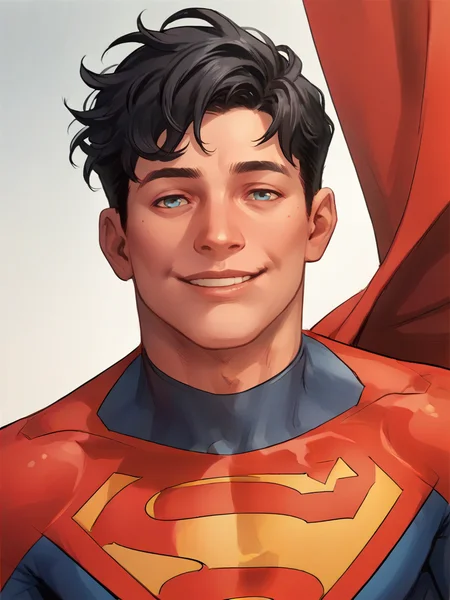 portrait of J_kent man, black hair, blue eyes, smiling, looking at viewer <lora:Jon_Kent_Superboy:.8> bodysuit, superhero, score_9, score_8_up, score_7_up, <lora:Smooth Anime 2 Style SDXL_LoRA_Pony Diffusion V6 XL:.3> <lora:add-detail-xl:.8> zPDXL3,