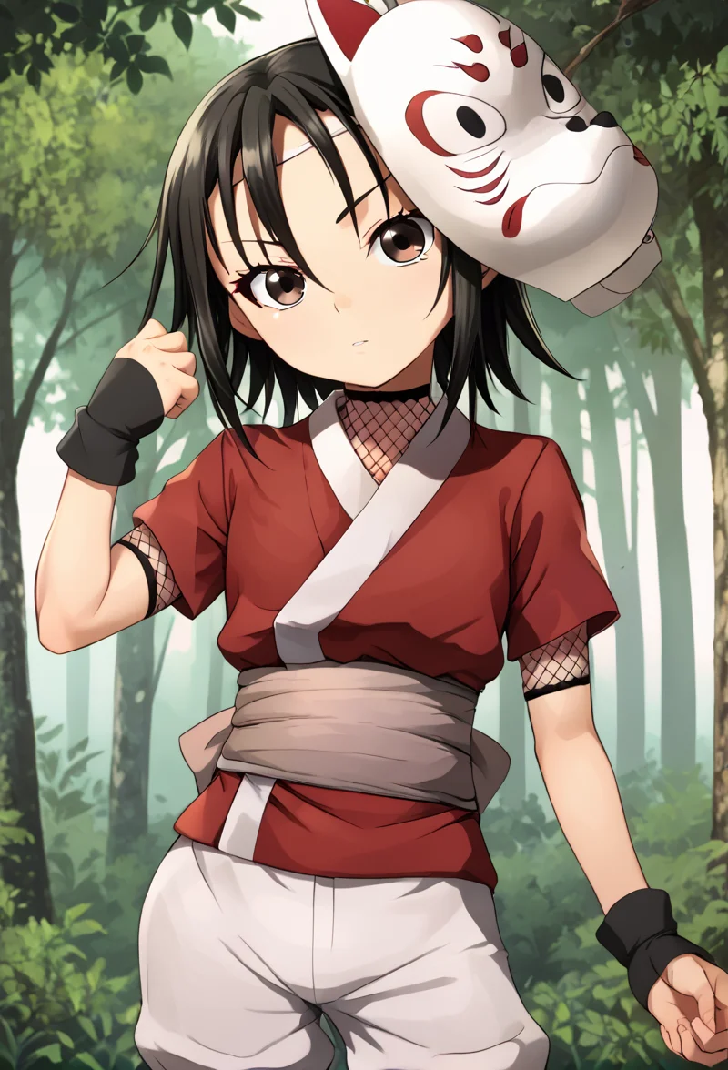 <lora:rindou:1> rindou, solo, looking at viewer, japanese clothes, fox mask, mask on head, white shorts, short sleeves, fishnets, sash, white background, fighting stance, forest,