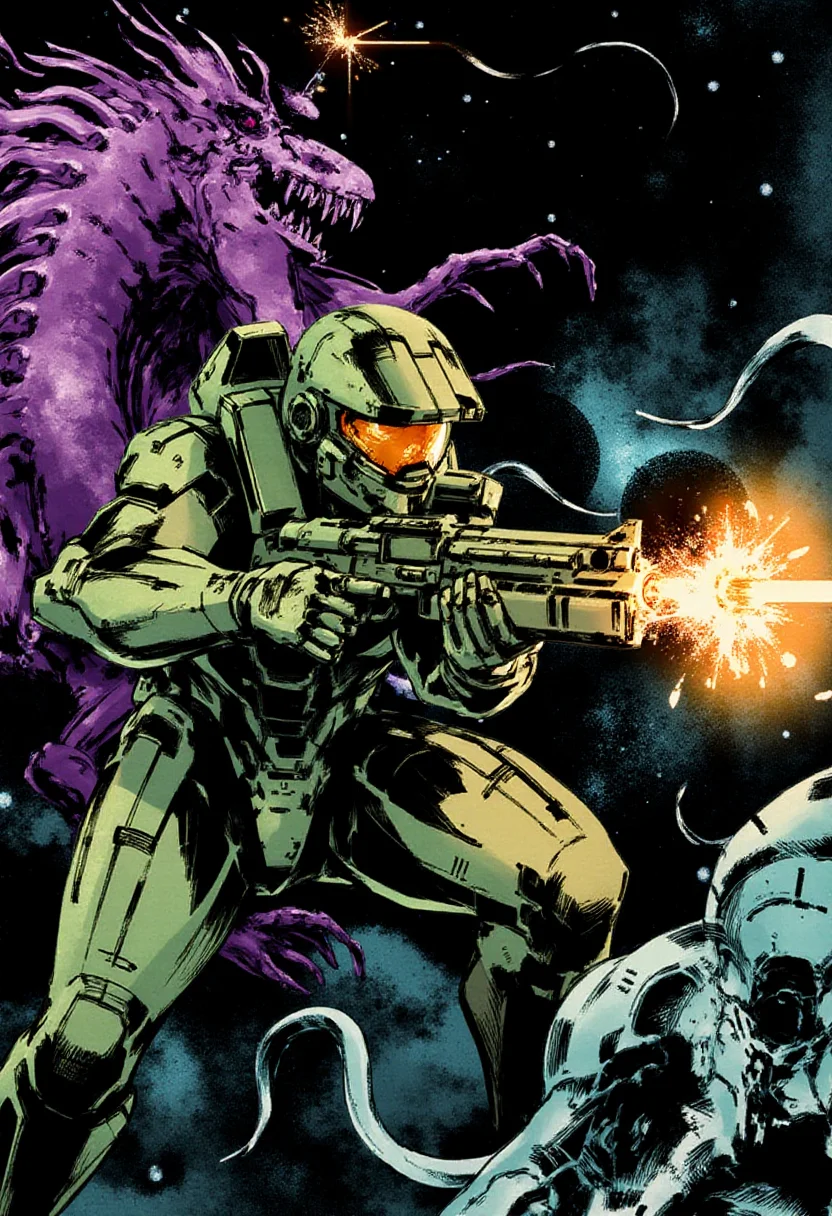<lora:Yoji_Shinkawa_Style_FLUX-000012:0.9>
This is a digital illustration in a manga-inspired, dark, and gritty yshinkawa style. The artwork features   Master Chief shooting at aliens in space