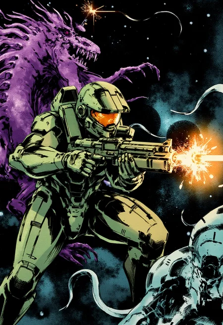 <lora:Yoji_Shinkawa_Style_FLUX-000012:0.9>
This is a digital illustration in a manga-inspired, dark, and gritty yshinkawa style. The artwork features Master Chief shooting at aliens in space