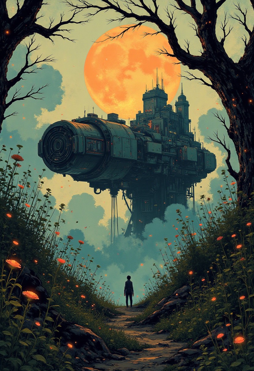 An abandoned space station, rusted and weathered, orbiting beside a swirling orange portal emitting a warm, eerie glow. The station's exterior is covered in cracks and overgrown with alien vines and bioluminescent moss, blending into the dystopian, forgotten landscape below. The ground is dense with twisted, towering flora and vibrant alien trees, their leaves glowing faintly in shades of teal and violet. Scattered debris from ancient technology litters the terrain, while strange creatures wander among the foliage. The sky is overcast with thick, swirling clouds, faintly illuminated by the portal's light, casting surreal shadows across the intricate and decayed scene. The composition is cinematic, with dramatic lighting and a hauntingly beautiful atmosphere.