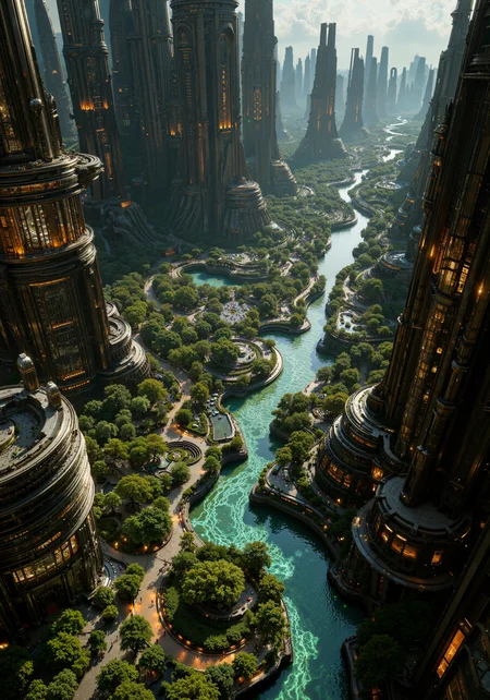 A sweeping aerial view of an expansive futuristic terrain, showcasing an intricate urban-biome hybrid where sleek, glass-like structures merge seamlessly with vibrant, organic parks. High altitude, panoramic perspective capturing layered textures of bioluminescent greenery, twisting waterways, and reflective crystalline surfaces accentuated by dramatic, atmospheric lighting. A dynamic interplay of golden hour hues and cool, teal accents enhances the spatial depth and cinematic framing. Intricate details, hyper-real shadows, 8K resolution, masterpiece quality, ethereal gleams, and vivid color gradients evoke an otherworldly fusion of nature and architecture. <lora:sxz-Dark-Fantasy-v2-Flux:0.2> <lora:Bruce Holwerda:0.3> <lora:flux.1_lora_flyway_Epic-detail_v2:0.7> <lora:flux_dev:1>
