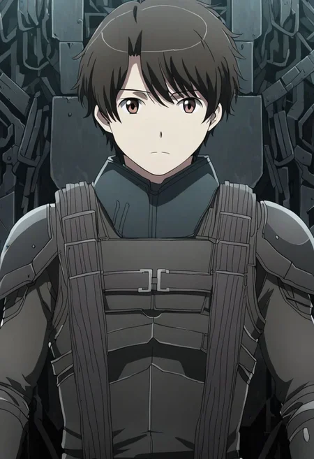 high resolution, solo, best quality, 1Boy, Inaho Kaizuka, Black Hair, Brown Eyes, dystopia, serious looking, armor, fantasy, OverallDetail