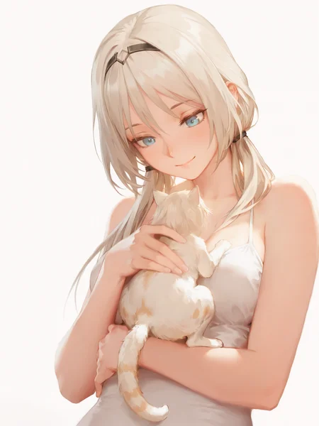 (masterpiece, best quality, very aesthetic, absurdres, highres:1.2), incredible lighting, (an-94, white kitten sitting on chest, baby cat, girls frontline:1.2), hair ties, <lora:illustriousXL_stabilizer_v1.7:1>, 1girl, solo, iconic scene, cinematic, fur, <lora:NOOB_vp1_detailer_by_volnovik_v1:1>, painterly style, <lora:anmiXLillokrV53P1:0.5>, <lora:reikolokr_for_illustrious:0.4>, <lora:10_AESTX:0.4> aestx, brushstroke \(medium\), soft smile, simple background,