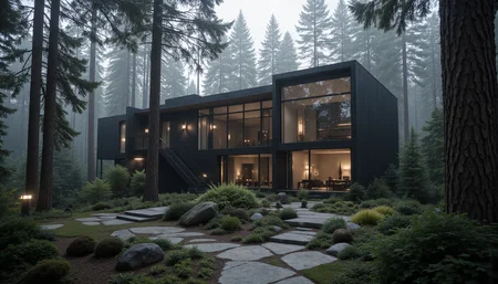 A serene, modernist retreat nestled within a misty forest, featuring expansive glass walls and sleek architectural lines. The buildingâs minimalist design includes dark gray and natural wood materials that harmonize with the surrounding nature. Outside, a smooth stone pathway leads to a wooden staircase, subtly integrated into a meticulously landscaped rock garden with moss-covered stones and lush green shrubs. Tall trees with lantern-style lights add a touch of soft, ambient illumination, enhancing the tranquil atmosphere. Overcast lighting filters through the dense foliage, casting gentle shadows on the scene. Render in the style of Tadao Ando, capturing his emphasis on harmony between architecture and nature, with a hint of Ansel Adams' moody black-and-white contrast. aidmaHyperrealism <lora:aidmaHyperrealismv0.3:0.6> <lora:Sinfully_Stylish_.02_for_FLUX:0.6> in the style of Jed-clrfl <lora:flux-colourful:0.3> <lora:FluxDFaeTasticDetails:0.6>