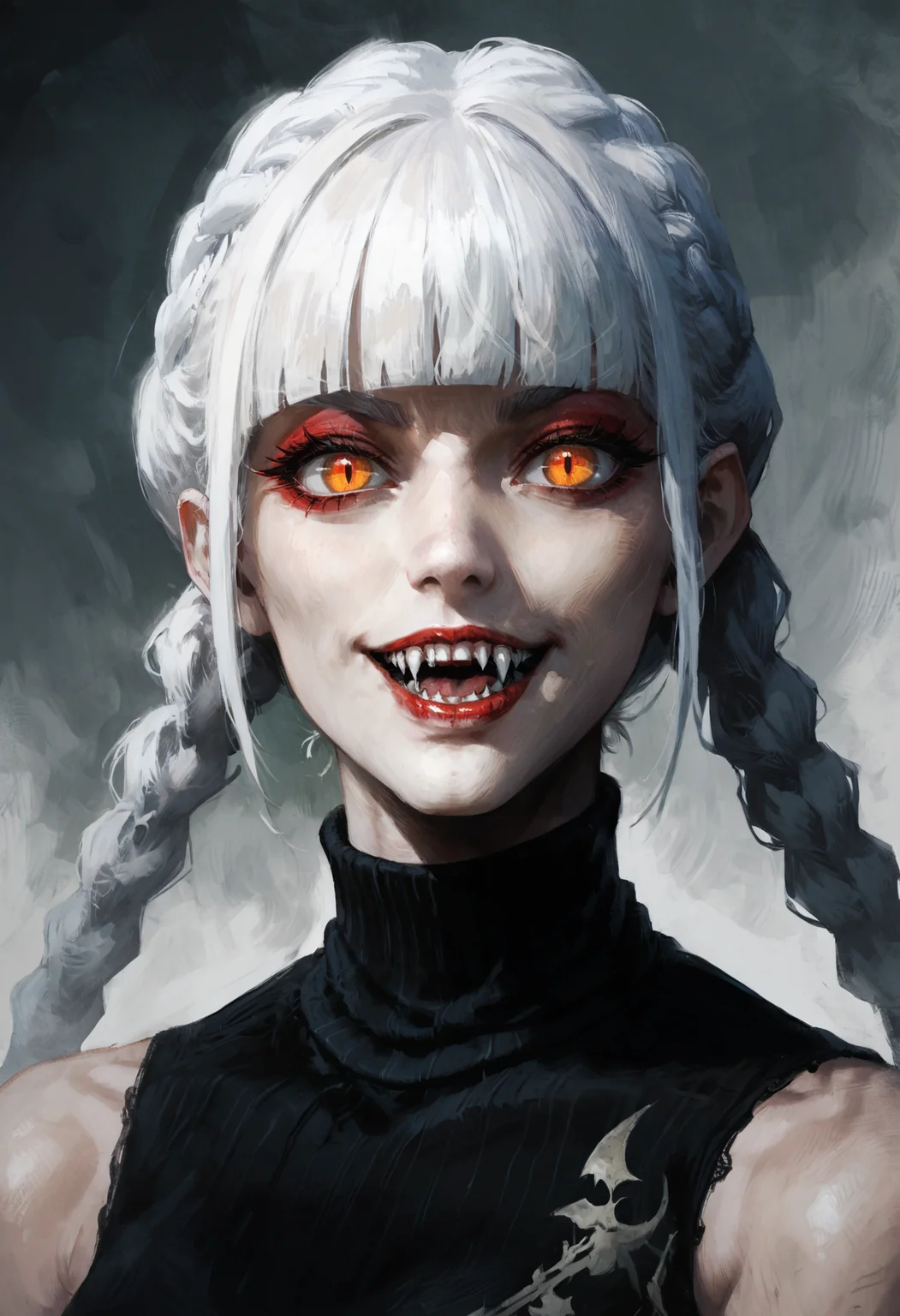 score_9, score_8_up, score_7_up, score_6_up, score_5_up, score_4_up,
<lora:FantasyPaintingsPonyXL:1> pa1nt1ng,
1girl, solo, long hair, looking at viewer, smile, open mouth, simple background, red eyes, bare shoulders, yellow eyes, white hair, braid, teeth, sleeveless, tongue, blunt bangs, twin braids, orange eyes, eyelashes, lips, makeup, turtleneck, fangs, sharp teeth, portrait, slit pupils, lipstick, pale skin, close-up, vampire