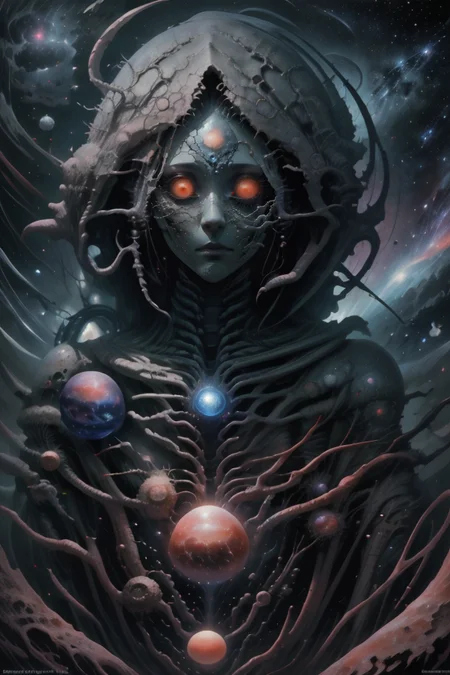 masterpiece,best quality,absurdres,high details,8K,photorealistic,1 girl,<lora:Concept_-_Hella-sthetic_v2:0.7>,fullbody,<lora:Cosmic_Beings-LoRA:0.7>,kozmos,star (sky),surreal zdzislaw beksinski style hands faces planets space kozmos landscapes stars galaxies cosmic beings gods,eldritch abomination,<lora:2lianhua:0.3>,digitigrade,monster girl,, (intricate details:0.9), (hdr, hyperdetailed:1.2), intricate, elegant, highly detailed, symmetry, magical atmosphere, sharp focus, majestic, very coherent, radiant, advanced, cinematic, artistic, fine detail, winning, beautiful, stunning, dramatic light, designed, rich deep colors, perfect professional background, ambient, tailored set composition