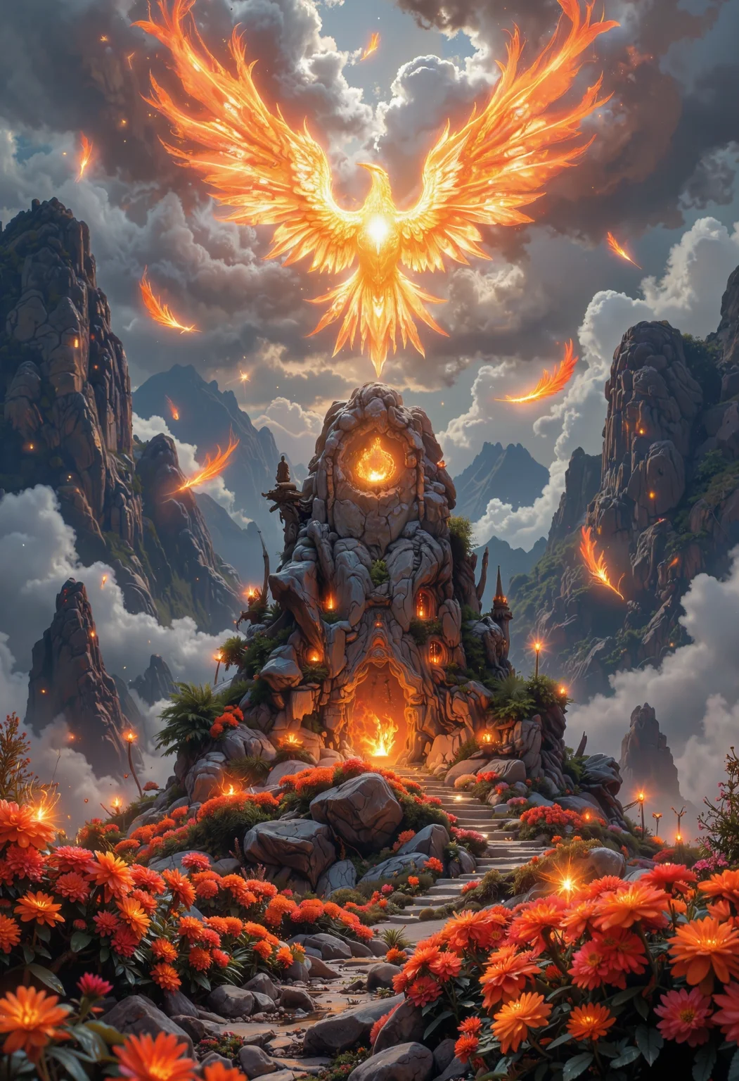 in the style of ck-ovf, A sacred island surrounded by red and orange flowers, with a massive stone altar at the center, dedicated to the legendary Firebird. Glowing feathers float in the air, illuminating the shrine with warm, fiery hues. In the sky above, the faint image of the Firebird can be seen, casting a majestic glow over the shrine as flames flicker in the surrounding foliage.<lora:ck-OneViolentFantasy-000021.safetensors:0.6:0.6>