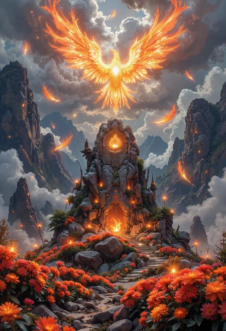 in the style of ck-ovf, A sacred island surrounded by red and orange flowers, with a massive stone altar at the center, dedicated to the legendary Firebird. Glowing feathers float in the air, illuminating the shrine with warm, fiery hues. In the sky above, the faint image of the Firebird can be seen, casting a majestic glow over the shrine as flames flicker in the surrounding foliage.<lora:ck-OneViolentFantasy-000021.safetensors:0.6:0.6>