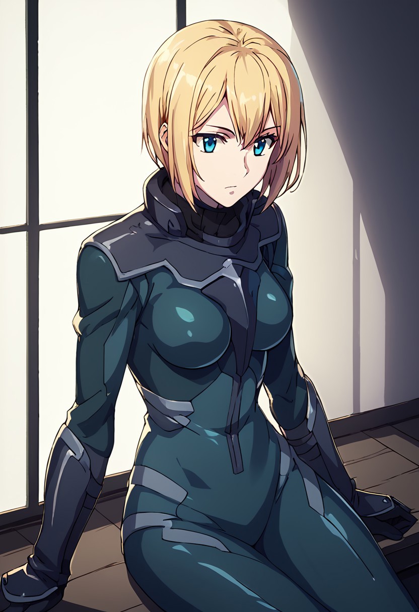 score_9, score_8_up, score_7_up, at room. Indoor,,night view, moonlight,female,,louise halevy, blonde hair, pilotsuit, gauntlet,blue eyes,sitting,solo
