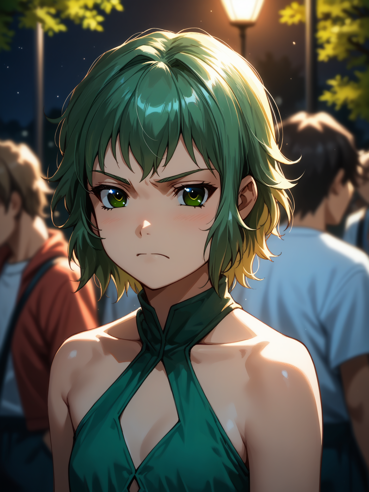 (upper body, solo focus:1.2) <lora:happy_tentacle-korone-v0.2:1>, ht_korone, (green hair, green eyes:0.5) (petite:1.2), <lora:Shed_The_Skin's StS_age_slider_v1_initial_release:-1> ( (revealing clothes :1.1) :1.1) ( ( head tilt :0.8) , , (annoyed :1.2) , (wavy mouth:0.8) , (looking down:1.2) :1) outdoors, vegetation, ( :1.1), spring \(season\) , (night, night sky :0.6), , ((sidelighting:0.5), (light rays, light particles:0.5) :0.5), (people, crowded, surrounded:1) , (modern architecture :0.9), park ( :0.8) score_9, score_8_up, score_7_up, score_6_up, score_5_up, score_4_up, ( [(realistic, photorealistic:1.3):(realistic:1.2):14] [(3d:1.2)::12] [:anime coloring:10] :1) <lora:LUUNA's Lunas-NijiJourney-SDXL-B2:0.35>, nijijourney <lora:prgfrg23's Counterfeit-V3.0 Style SDXL_LoRA_Pony Diffusion V6 XL:0.6> <lora:mfcg's mfcgXL:0.12> <lora:reweik's gyokai(himehajime)_PonyXL_style_v01:0.14>
