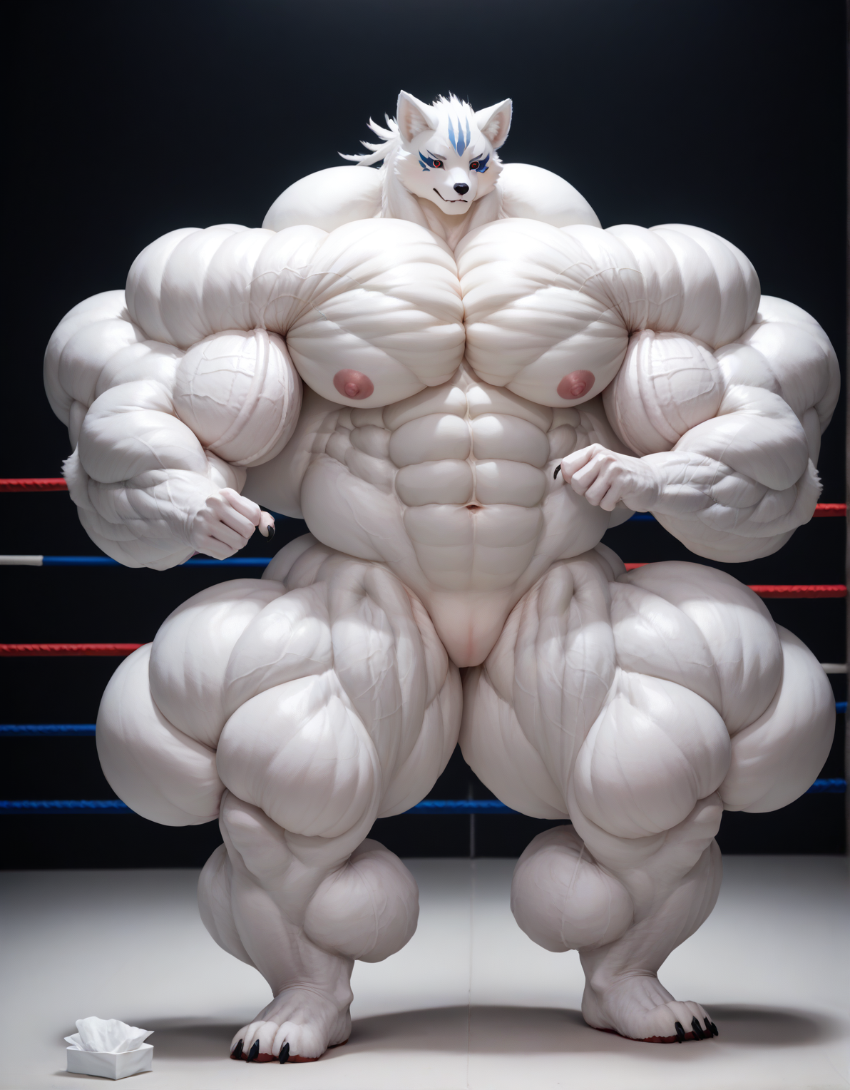 score_9, score_8_up, score_7_up, best quality, amazing quality, very aesthetic, absurdres, official art, intricate details, hyperdetailed, BRAKE, V-shaped body, (furry:1.2), Furry Fox, Kemono, source_furry, hyper growth, hyper muscular, fursuit muscles, super hero, hero silver and white fur, Furry claws, big claws, Red eyes, furry ears, moody lighting, bodybuilding competition proscenium, Do a muscular Bodybuilding sports on the stage, next to the skin Full fur suit, shiver, realistic, solo, Body All veins, veiny arms, veiny thighs, veiny chest, body becomes verys stronger, body Muscle tissue, Full muscle pump, Muscle Pump Strenger, body verys muscular, body are more muscular, body Muscles verys pumping, Muscle pump verys hypertrophy, Muscle pump more hypertrophy, full body Muscles are more pump, Muscle pumping bigger, muscles bigger are Break bounds, muscular growth are Break bounds, muscles ripped are Break bounds, Body muscles contraction, massive muscles, Hyper enormous muscles, Hyper muscles Bigger, Hyper Extreme muscles, Trapezius muscular, Quadriceps bulging, Hyper muscular thighs, Calf muscles, muscle exercises, Body muscles flexing, Verys Well-developed muscle pumping, Body keep most-muscular Posess, looking front at viewer, Currently doing muscles Bodybuilding sports; (lora:kemonoLingo:1.1)