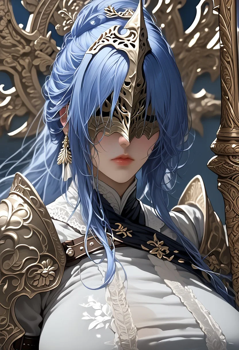 score_9, score_8_up, score_7_up, score_6_up, RAW, 8k, source_real, source_anime, alscesd, d3t41l3d, eldringpxl, elden ring, 1girl, mature female, mask, eye masked, solo, standing, cowboy shot,, alternate costume, very long hair, light blue hair, blue hair, (armor, full armor, breastplate, boobplate, cuirass:1.2), knight, spear, holding weapon, white-gold armor, white-gold plating, white-gold trim, Loretta Knight of the Haligtree, huge breasts, gauntlets, pauldrons, cuisses, Expressiveh, azur lane,
