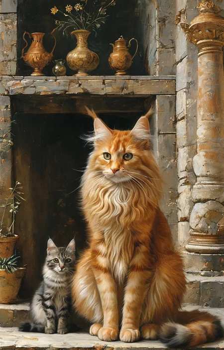 masterpiece,best quality,<lora:tbh184-sdxl:0.8>,illustration,style of Antonello da Messina, cute Mainecoon cat and Abyssinian cat