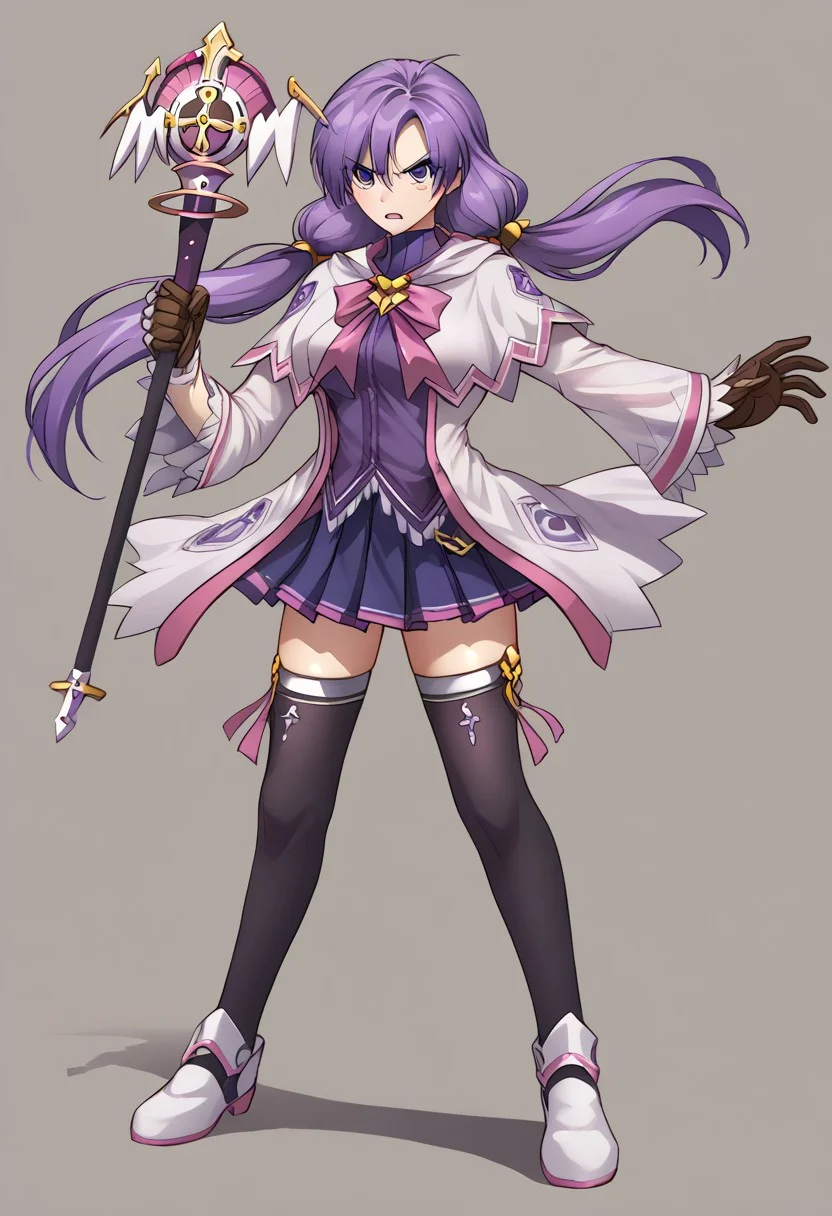 score_9, score_8_up, score_7_up, source_anime, good anatomy, 1girl, solo, AishaEM, purple eyes, purple hair, low twintail, brown leather gloves, white and pink coat, pink bow, dark purple shirt, purple and pink miniskirt, pleated skirt, black thighhighs, white and pink shoes, medium breasts, tall girl, full body, standing, spread legs, glare, fighting stance, staff, holding, holding staff, frowning, open mouth, blushing
