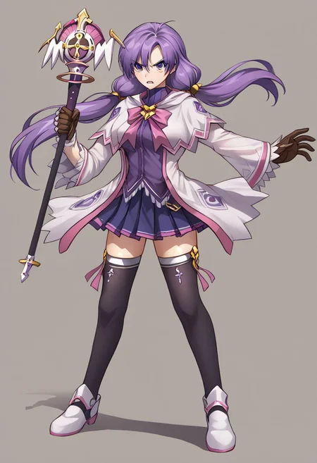 score_9, score_8_up, score_7_up, source_anime, good anatomy, 1girl, solo, AishaEM, purple eyes, purple hair, low twintail, brown leather gloves, white and pink coat, pink bow, dark purple shirt, purple and pink miniskirt, pleated skirt, black thighhighs, white and pink shoes, medium breasts, tall girl, full body, standing, spread legs, glare, fighting stance, staff, holding, holding staff, frowning, open mouth, blushing