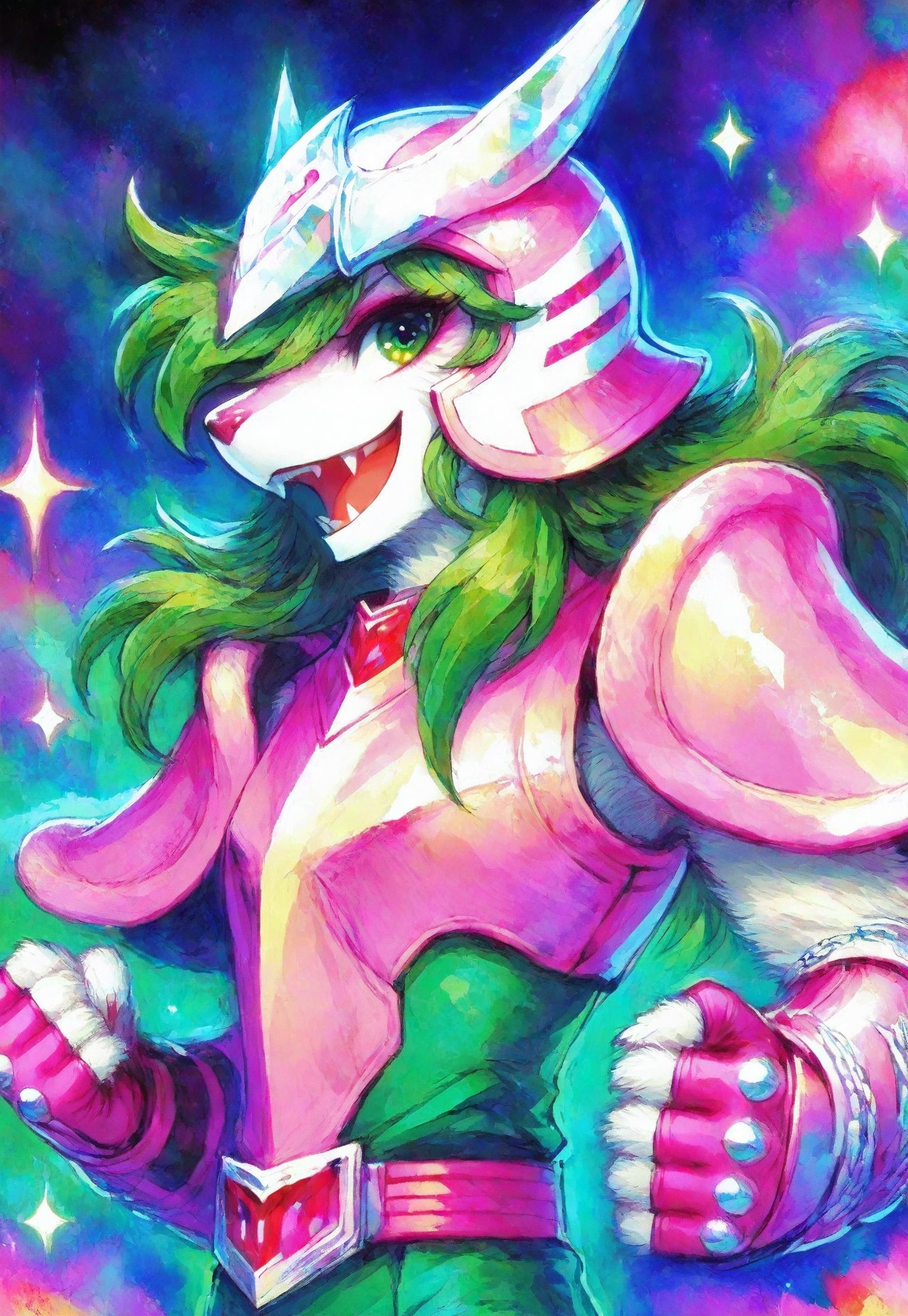 luzede, rdf02, ermi, ANDROMESHUN, ANDRSHUNV1, 1boy, slender figure, pink pauldrons, pink two pronged helmet, long wavy green hair, green eyes, full torso armor, pink vambraces, fingerless pink gloves, pink thighhigh greaves, green pants, pink belt, upper body, abstract background, fbd colors, colored outlines, colored lineart, smile, happy, sparkle, :d, teeth, looking at viewer, side glance,

masterpiece, best quality, amazing quality