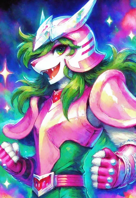 luzede, rdf02, ermi, ANDROMESHUN, ANDRSHUNV1, 1boy, slender figure, pink pauldrons, pink two pronged helmet, long wavy green hair, green eyes, full torso armor, pink vambraces, fingerless pink gloves, pink thighhigh greaves, green pants, pink belt, upper body, abstract background, fbd colors, colored outlines, colored lineart, smile, happy, sparkle, :d, teeth, looking at viewer, side glance,
masterpiece, best quality, amazing quality