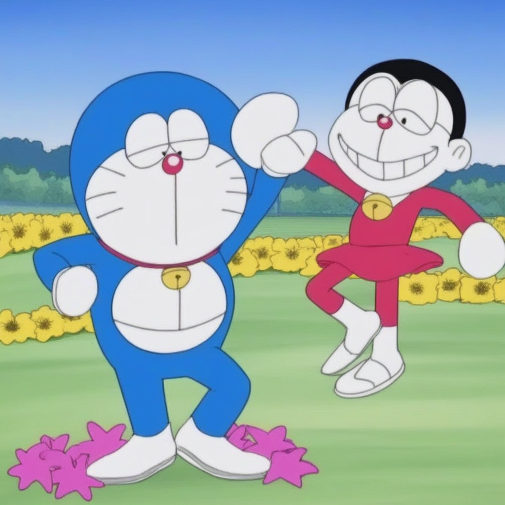 nobita and gorameon dancing in a flower field
