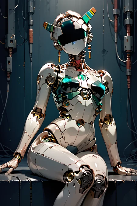 skinny, skinny legs, medium breasts, <lora:Aff_anne_droid_2_:1> anne_droid, droid, a humanoid female robot, smooth featureless face, robot joints, body made of metals, body panelling)), ((body made of shiny white metal)), white metal skin, (entirely white skin), industrial cyberpunk setting, digital eyes,, score_9, score_8_up, score_7_up, score_6_up, score_5_up, score_4_up
