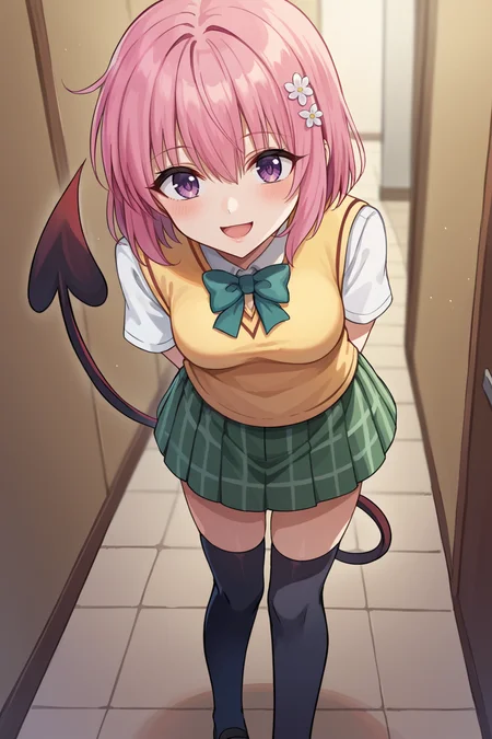 score_9, score_8_up, source_anime, BREAK 1girl <lora:tlrmomo-pdxl-nvwls-v1-000007:1> tlrmomo, pink hair, hair flower, green bowtie, yellow sweater vest, white shirt, short sleeves, green miniskirt, black thighhighs, demon tail, smile, open mouth, looking at viewer, leaning forward, hallway, standing, furrowed brow, arms behind back, closed mouth