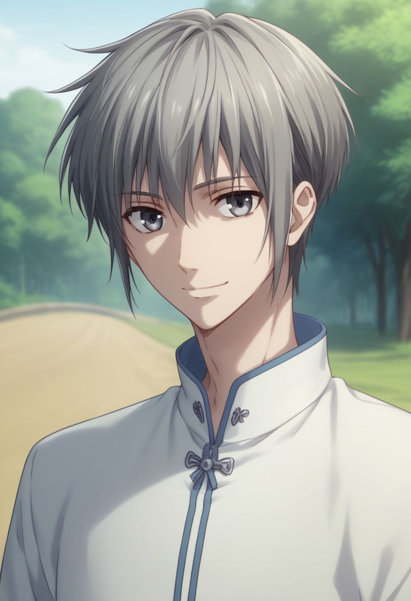 score_9, score_8_up, score_7_up, source_anime, highly detailed, 1boy, solo, male_focus, 
yuki_sohma, 1boy, solo, male focus, grey hair, smile, grey eyes, looking at viewer, outdoors, upper body, closed mouth,